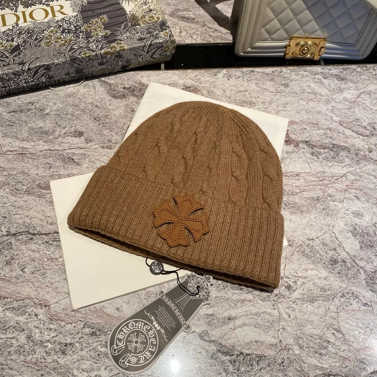 Chrome Hearts Cross Cable-Knit Beanie in Pink & White & Grey & Black & Blue & Red & Brown · view 7