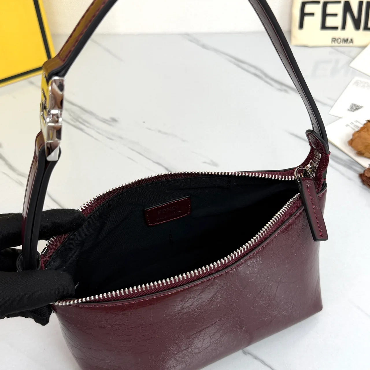 Fendi Baguette Cowhide Glossy Hobo Bag in Burgundy · view 7