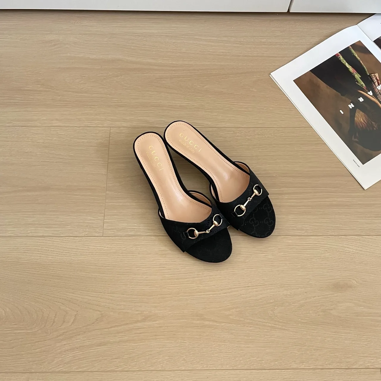 Gucci Canvas Glossy Suede-Look Square-Toe Buckle Mules in Black · view 3