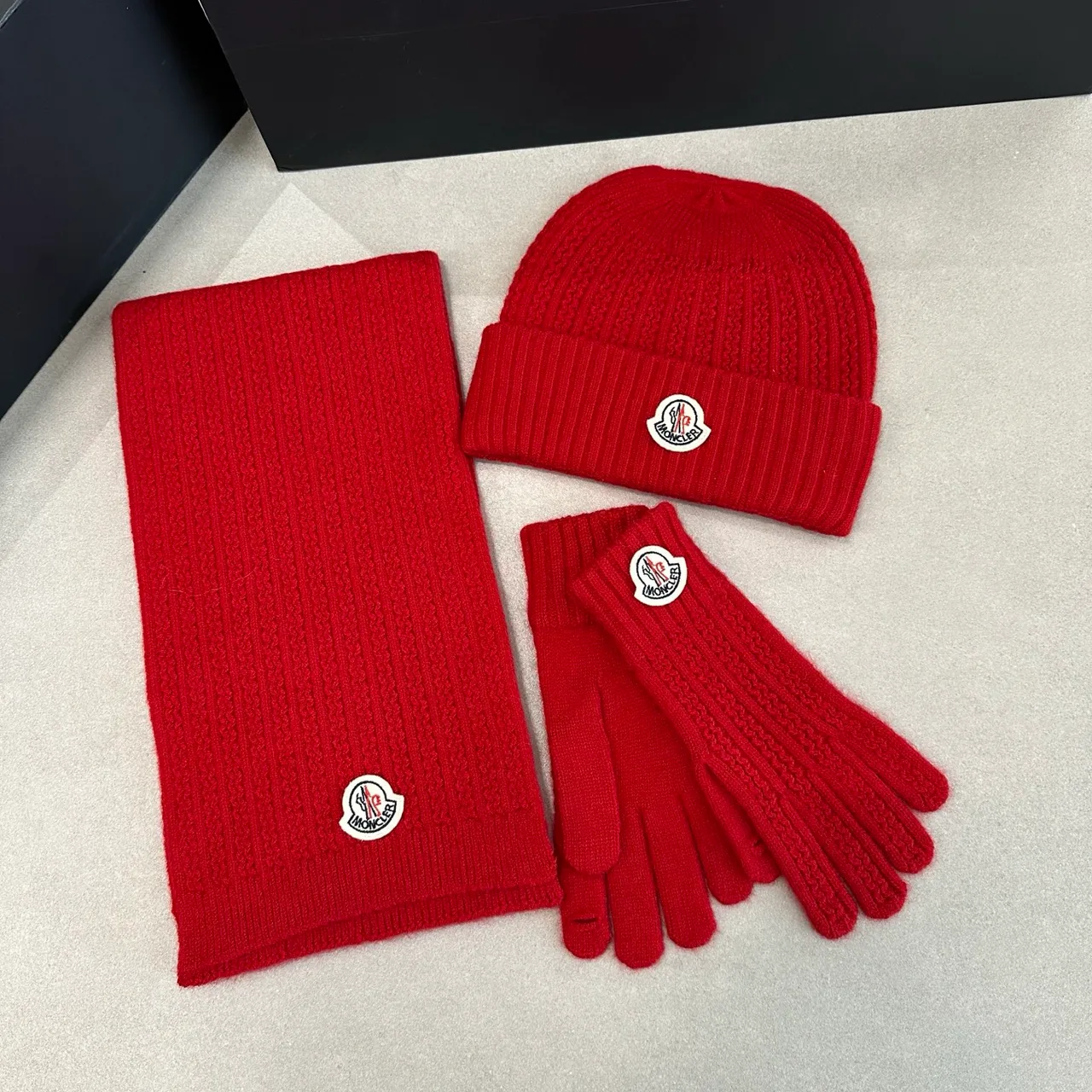 Moncler Hat, Scarf and Gloves Set in Red & Black & White & Grey & Beige · view 1