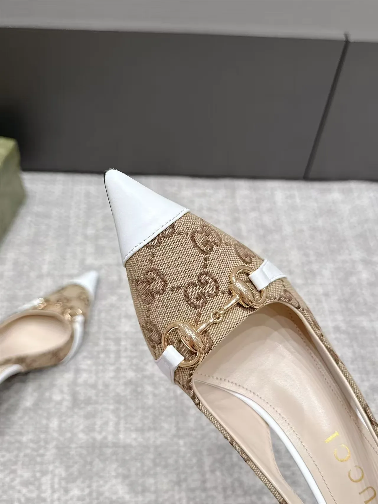 Gucci Pointed-Toe Monogram Slingback Pumps in Beige · view 6