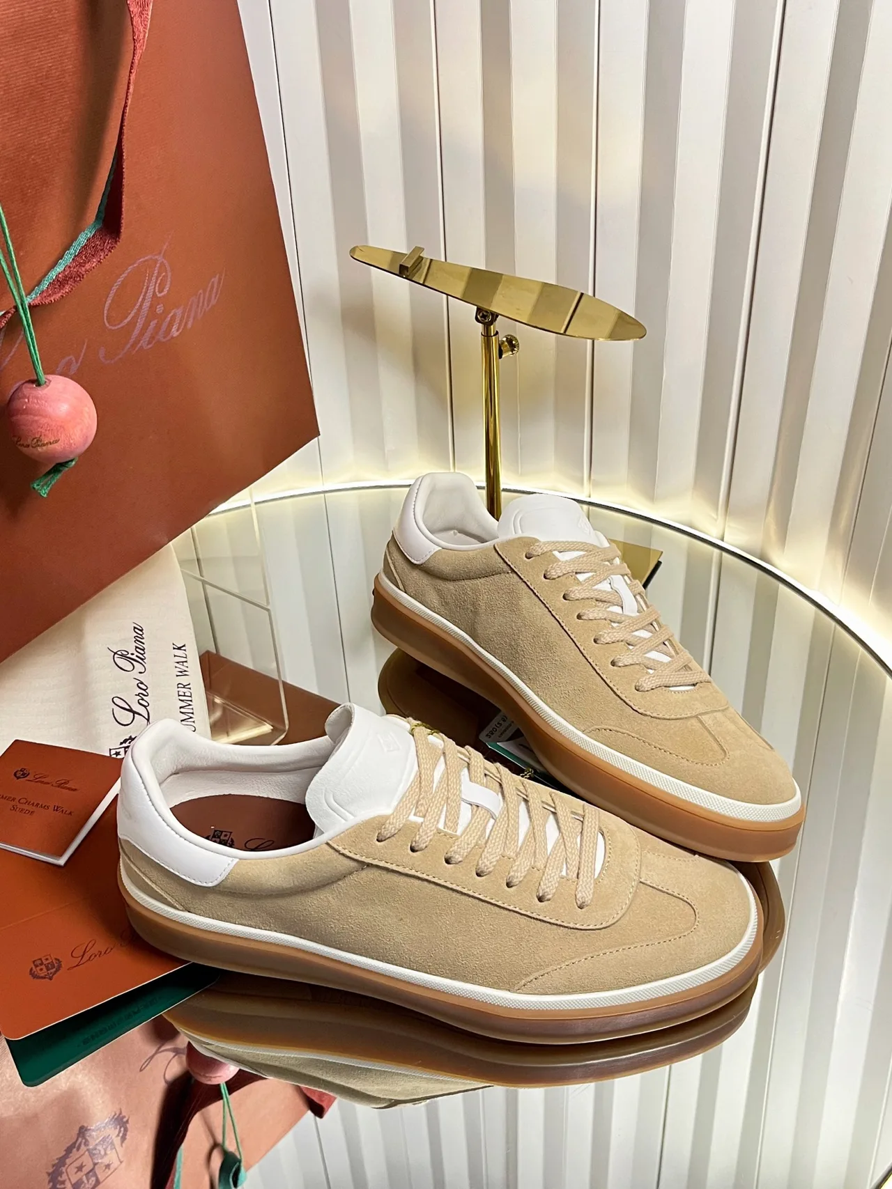 Loro Piana Cashmere Lace-Up Sneakers in Beige · view 6