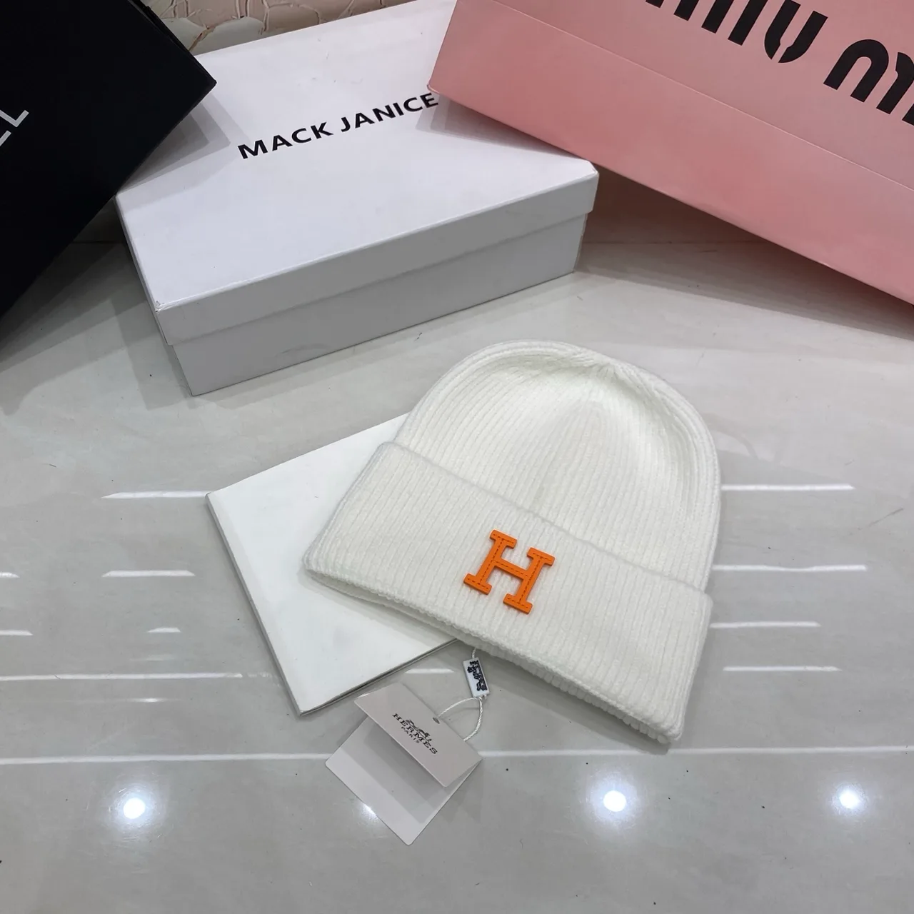 Hermes H Knit Beanie in Grey & Blue & White & Pink & Black & Yellow & Red & Brown & Orange · view 5