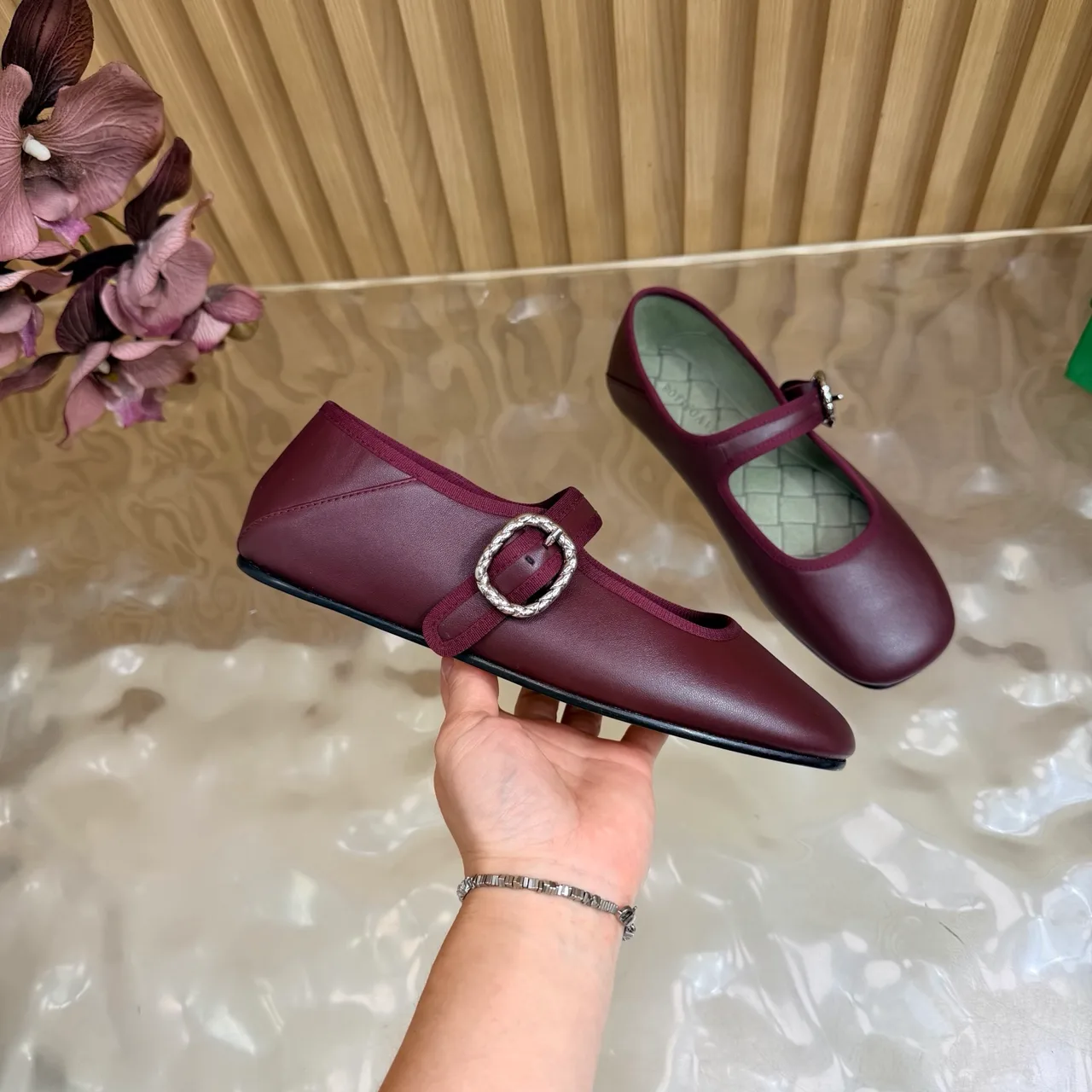Bottega Veneta Sheepskin Quilted Glossy Buckle Mary Jane Flats in Burgundy · view 8