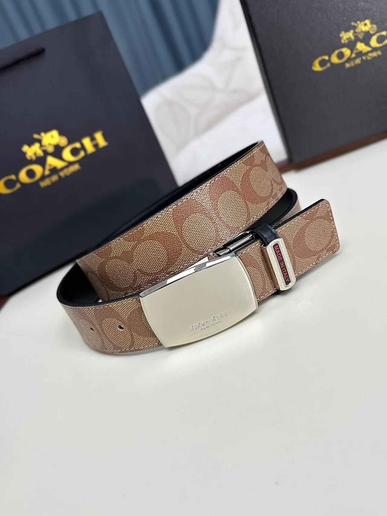 Coach Logo-pattern plate buckle belt in Black & Brown · view 6