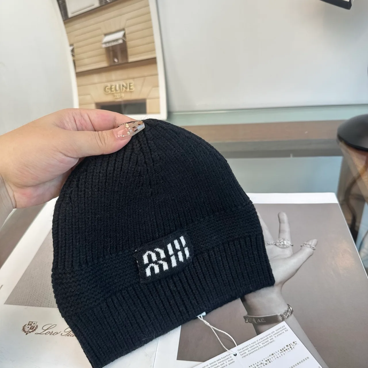 Miu Miu Logo knit beanie in Black & Grey & Burgundy & Tan & Cream · view 5