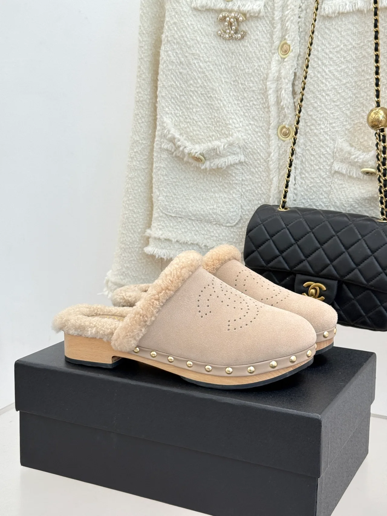 Chanel Patent Leather Wool Mules in Beige · view 1