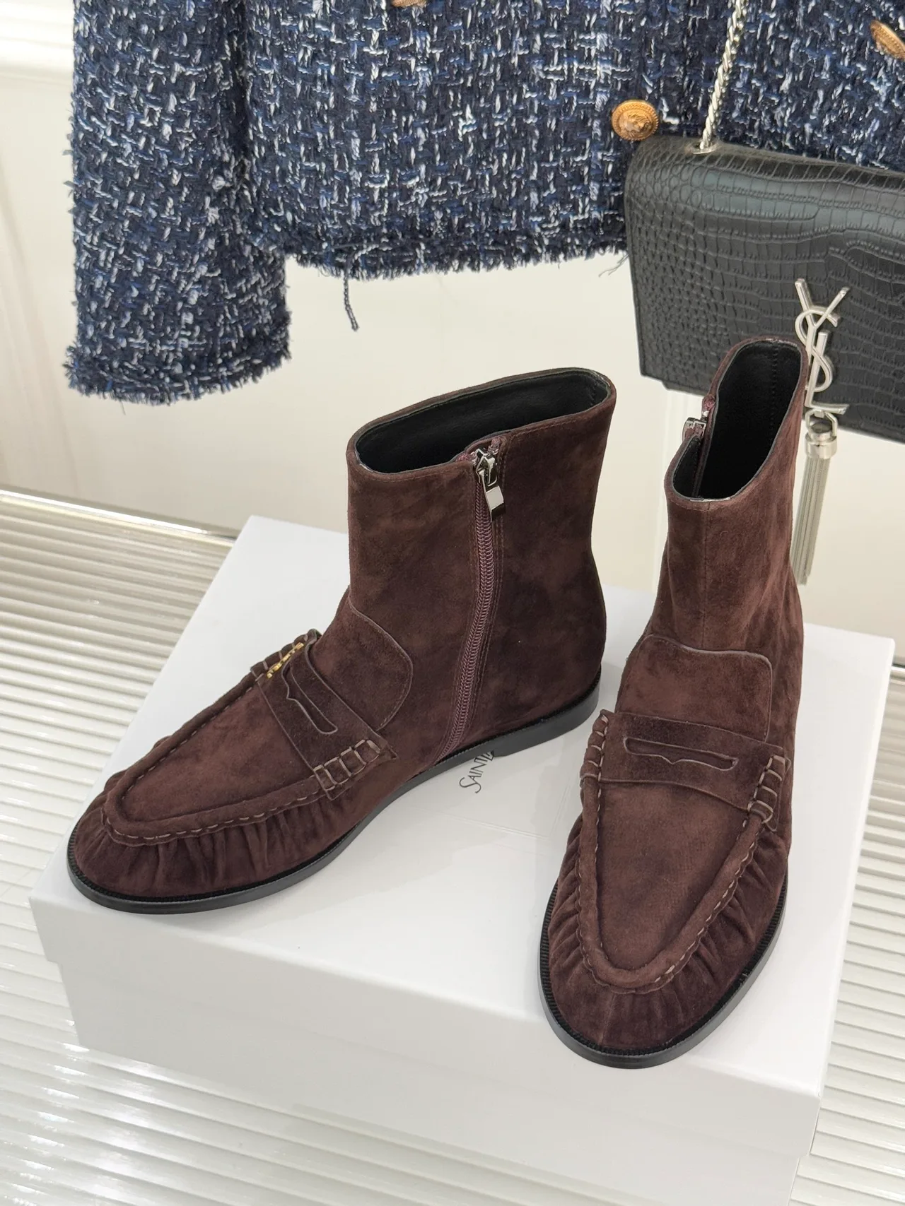 Saint Laurent Suede-Look Round-Toe Ankle Boots in Brown · view 2