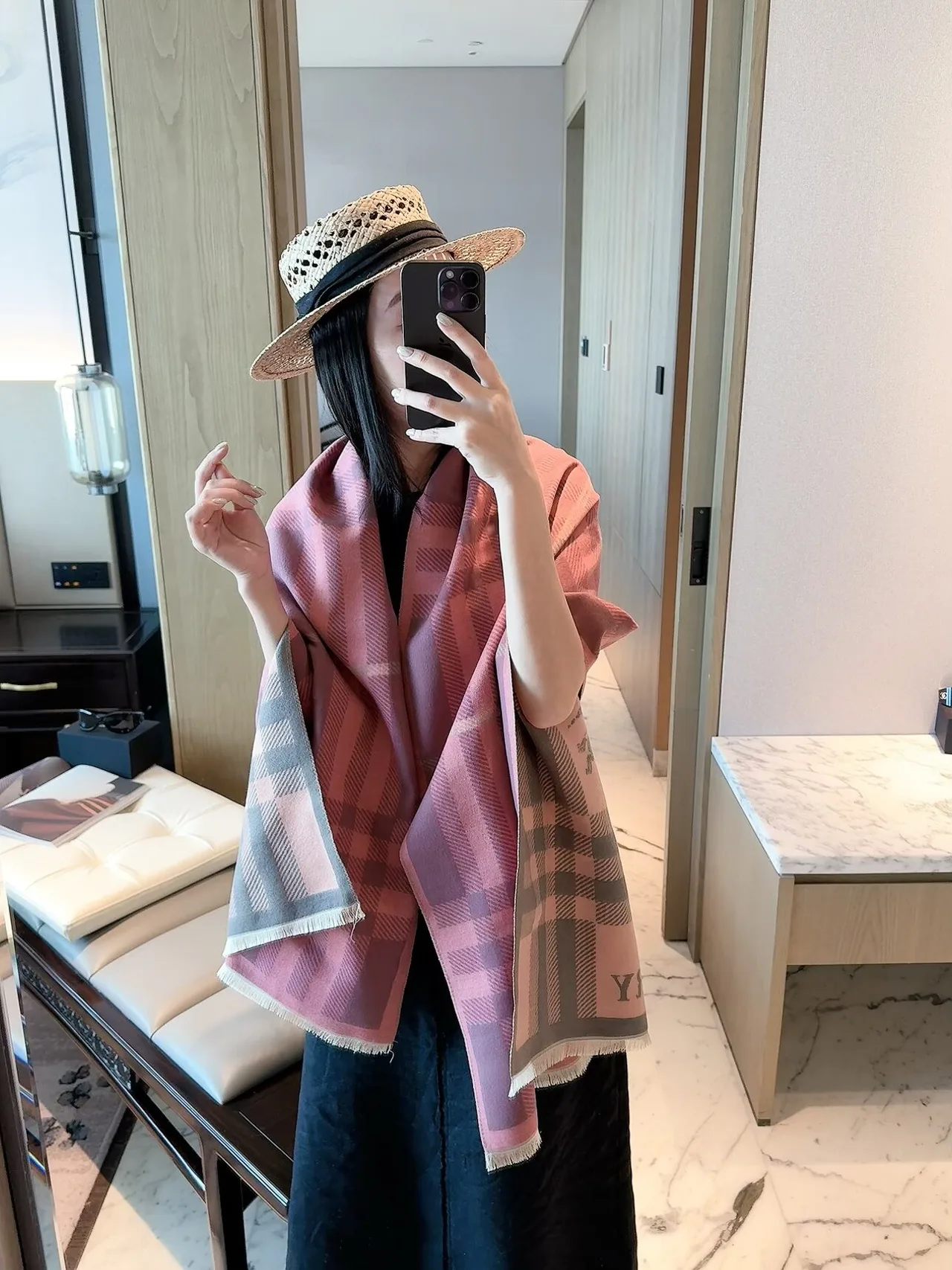 Burberry Check Fringed Scarf in Cream & Pink · view 5