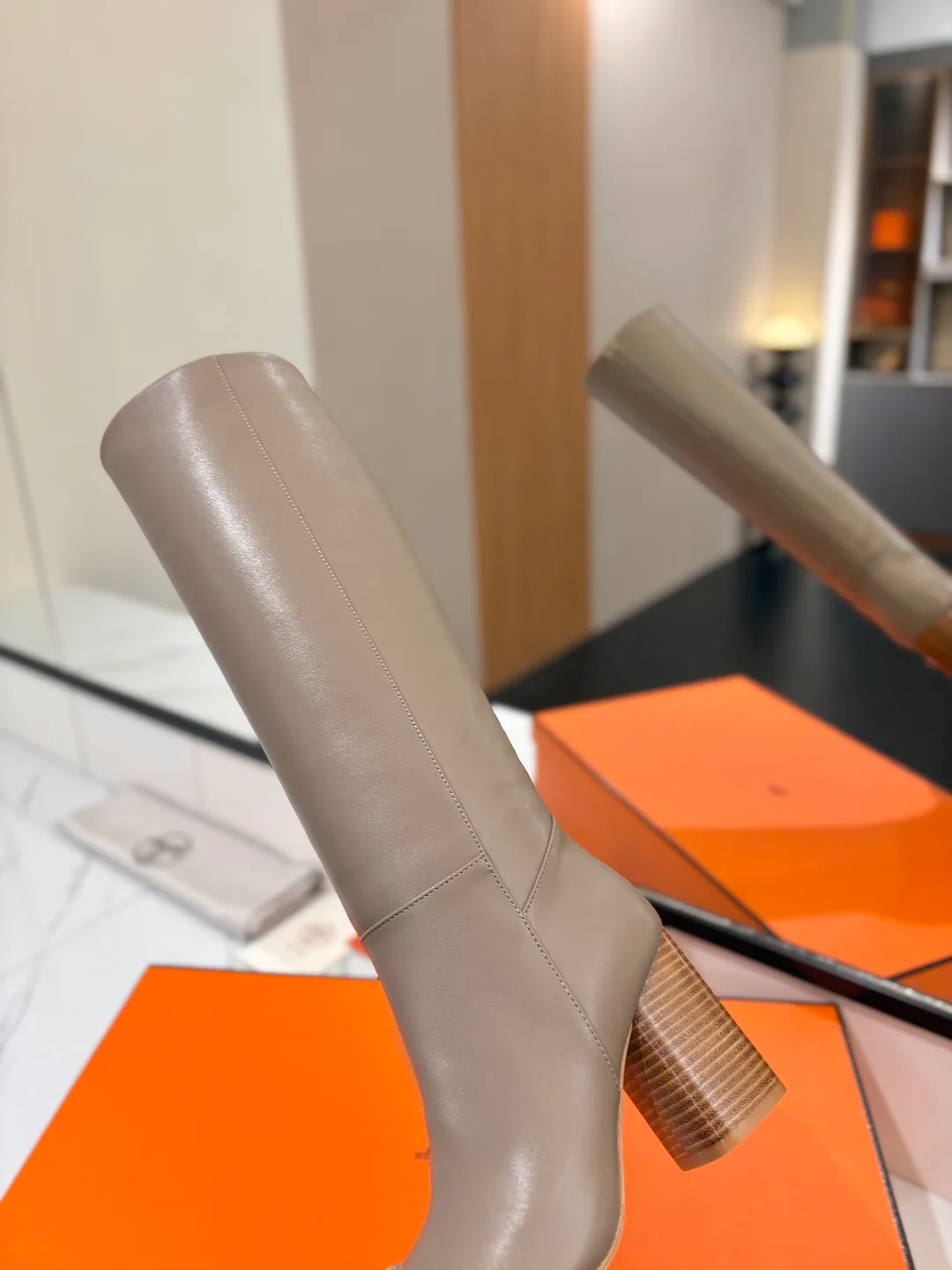 Hermes Cowhide Knee-High Boots in Grey · view 7
