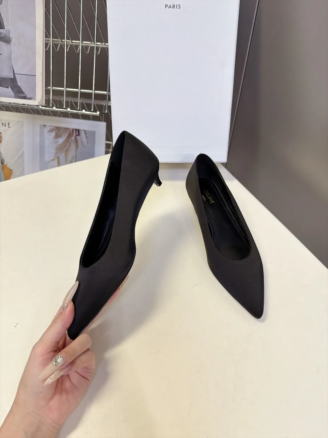 Celine Lambskin Matte Pointed-Toe Kitten Heel Pumps in Black · view 4