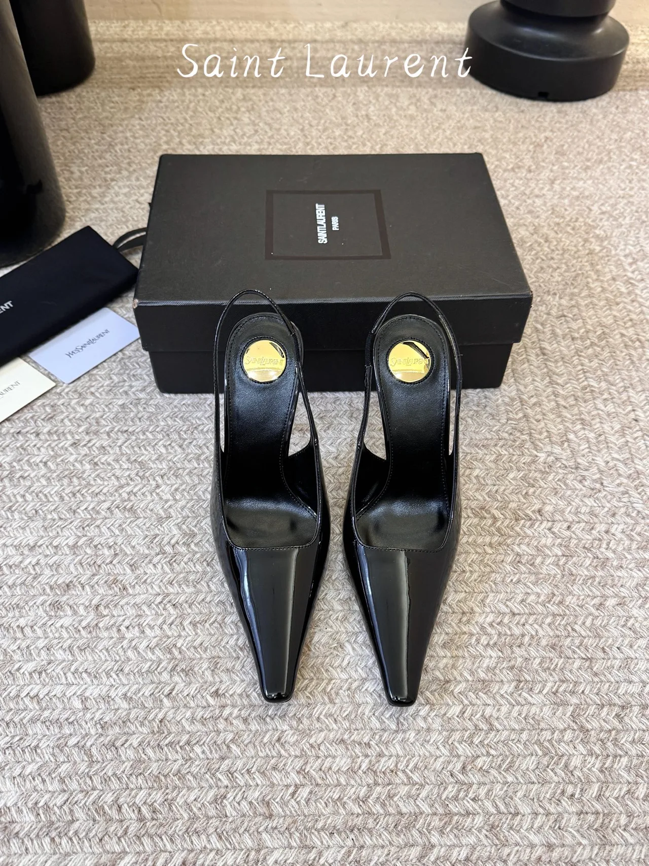 Saint Laurent Glossy Pointed-Toe Sandals in Black · view 1