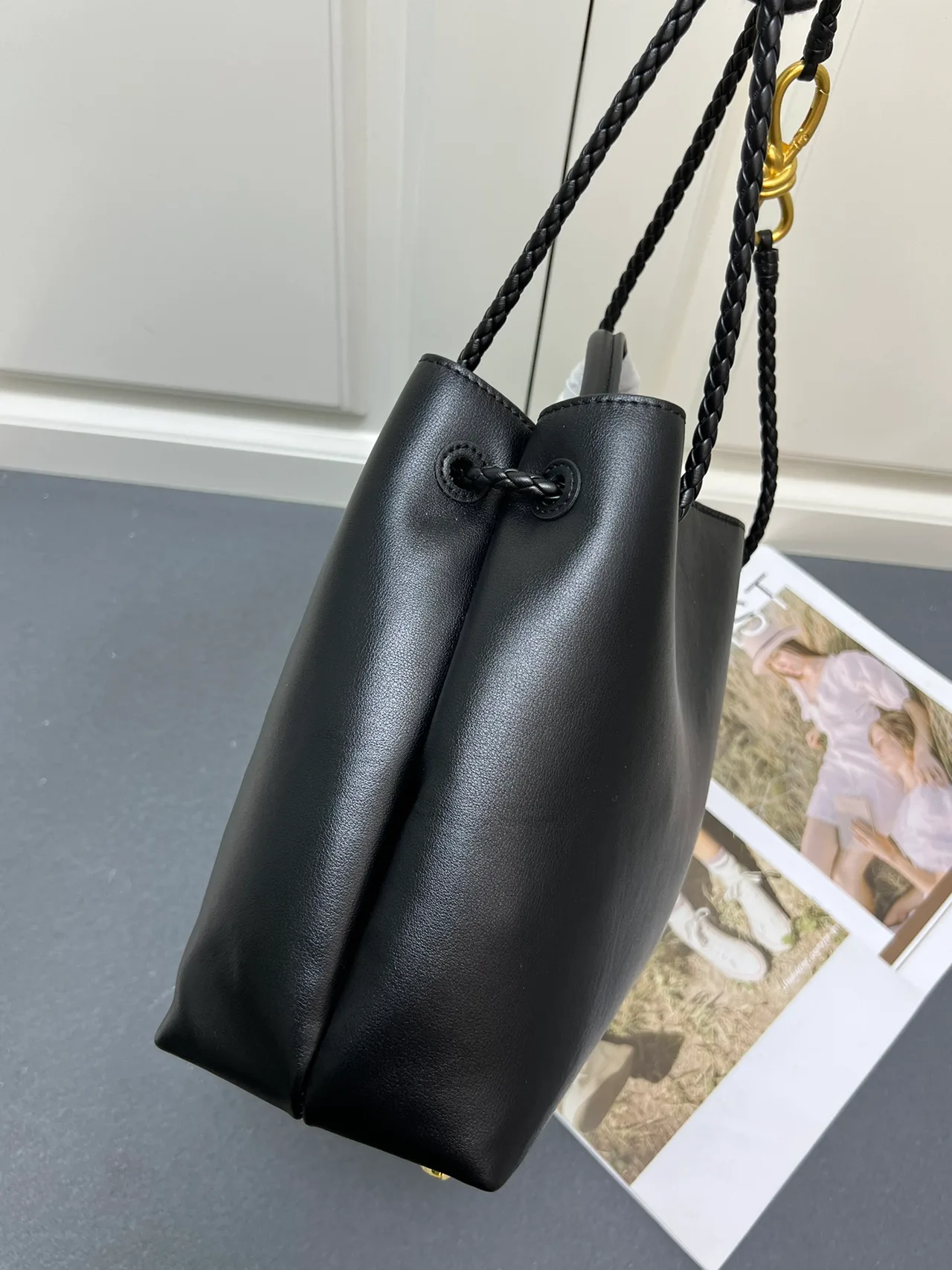 Bottega Veneta Calfskin Woven Tote in Black · view 5