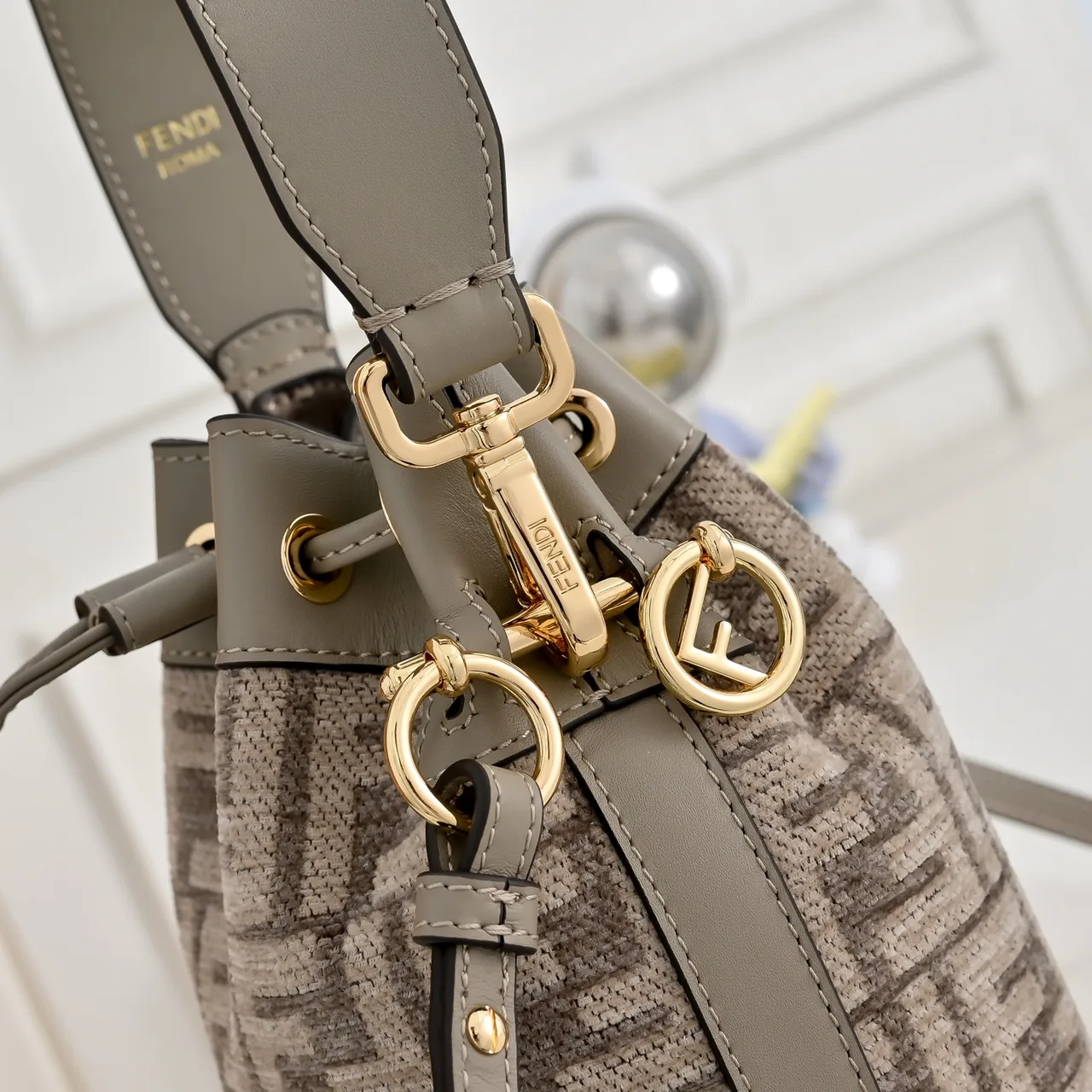 Fendi FF Drawstring Bucket Bag in Beige · view 3
