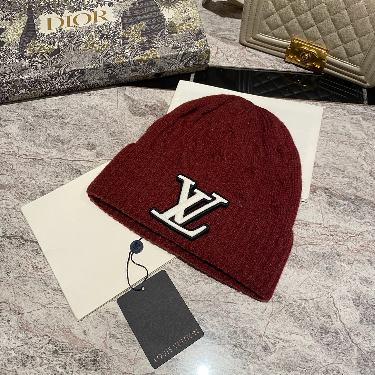 Louis Vuitton Cable Beanie in Pink & Burgundy & Grey & Blue & Beige & White & Brown & Black · view 2