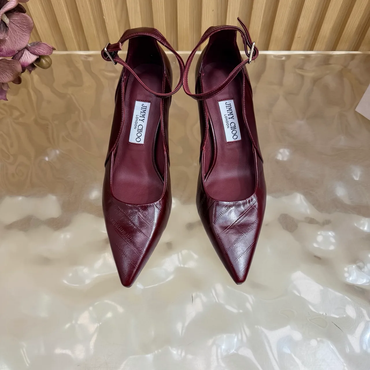 Jimmy Choo Cowhide Glossy Pointed-Toe Pointed Heel Pumps in Burgundy · view 5