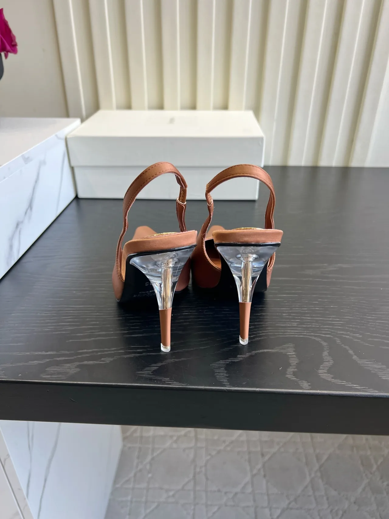 Saint Laurent Cowhide Silk Glossy Pointed-Toe Slingback Heels in Brown · view 5
