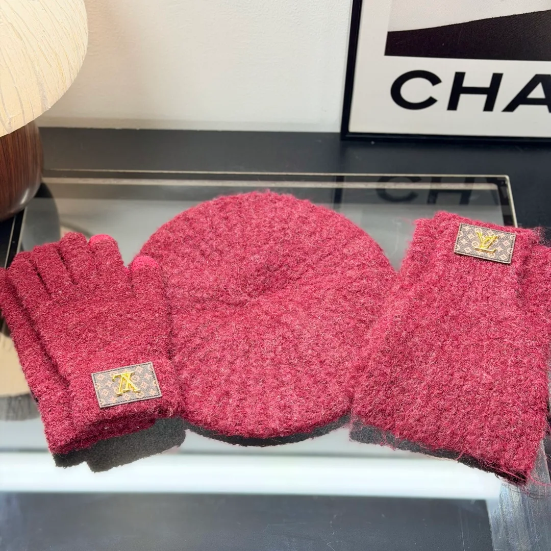 Louis Vuitton Wool Hat Scarf and Gloves Set in Red · view 1