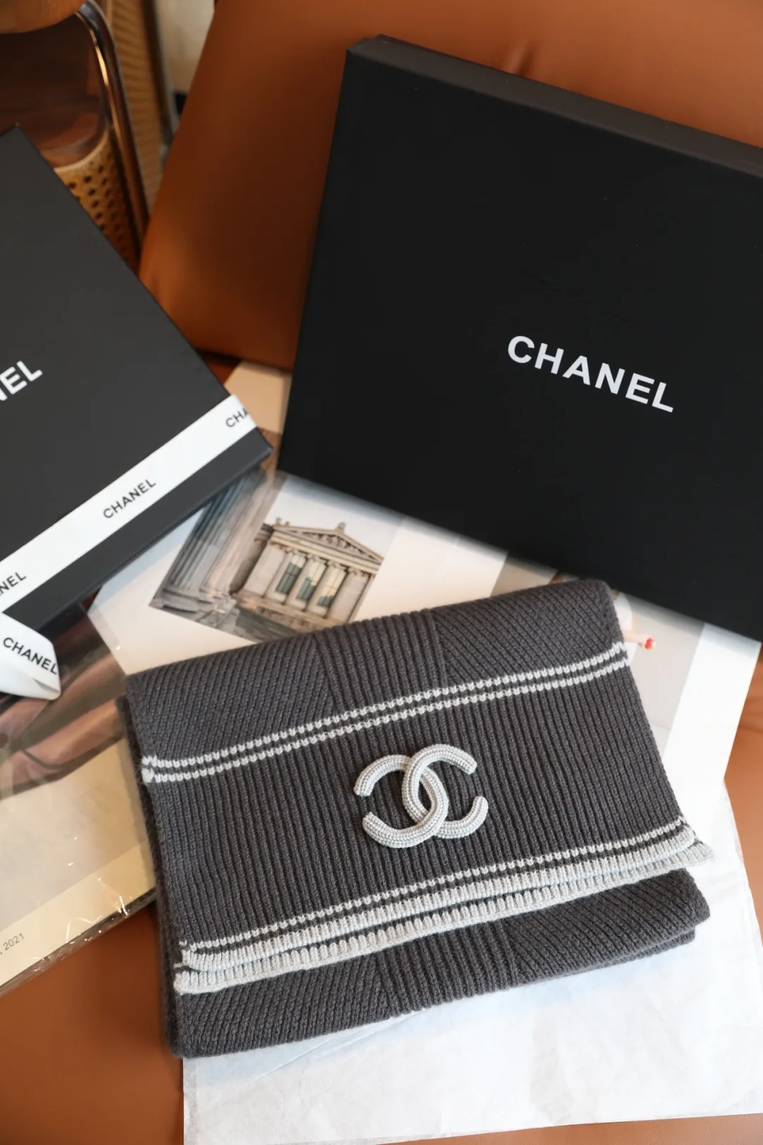 Chanel Wool Cashmere Striped Scarf in Grey · view 2