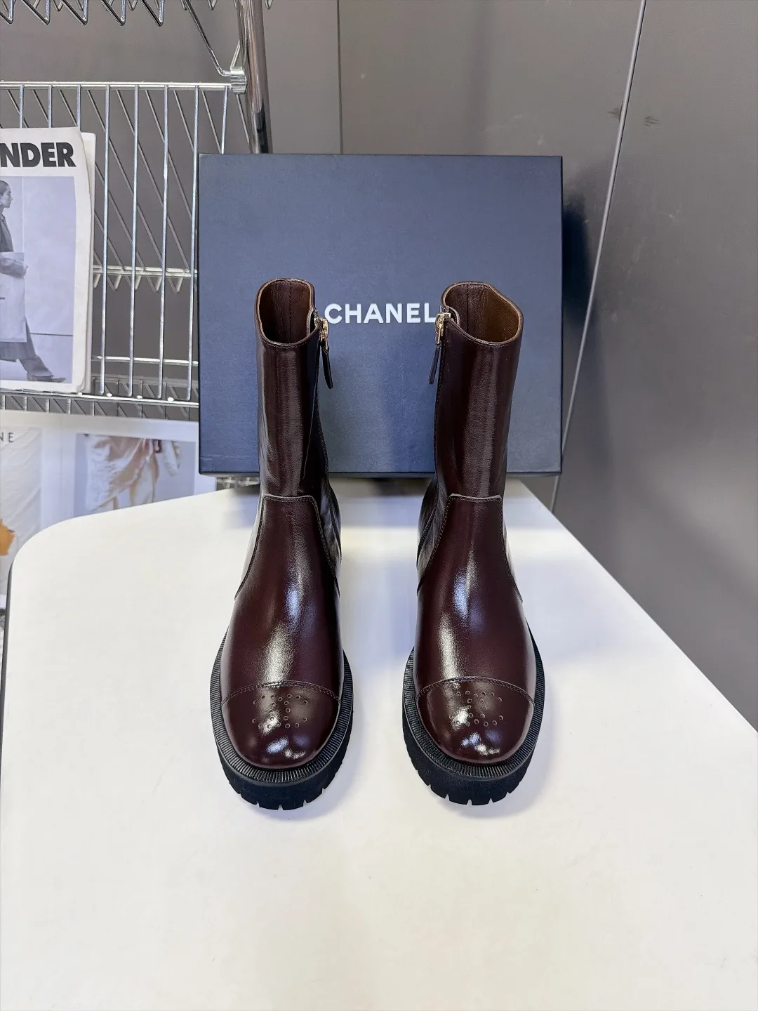 Chanel Cowhide Patent Leather Glossy Round-Toe Ankle Boots in Brown · view 1