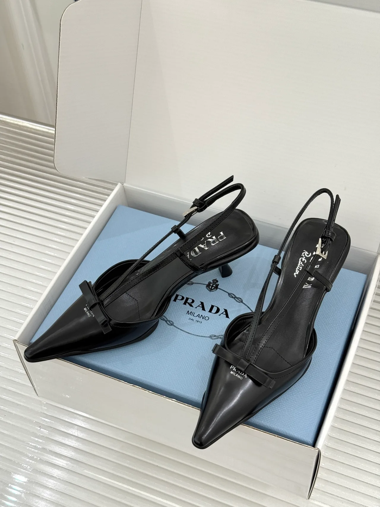 Prada Lambskin Pointed Slingback Pumps in Black · view 3