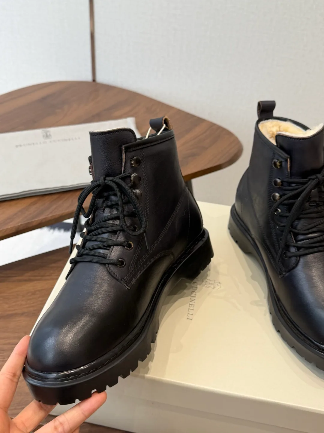 Brunello Cucinelli Cowhide Glossy Round-Toe Lace-Up Ankle Boots in Black · view 5