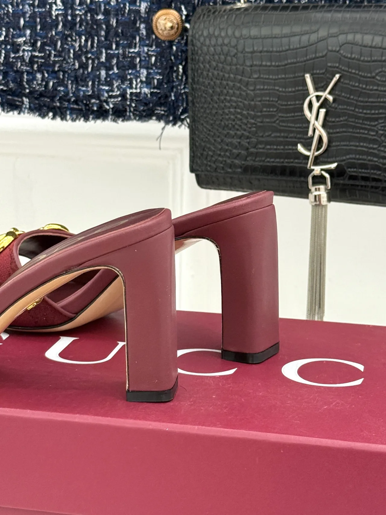 Gucci Canvas Denim Glossy Buckle Mules in Burgundy · view 6