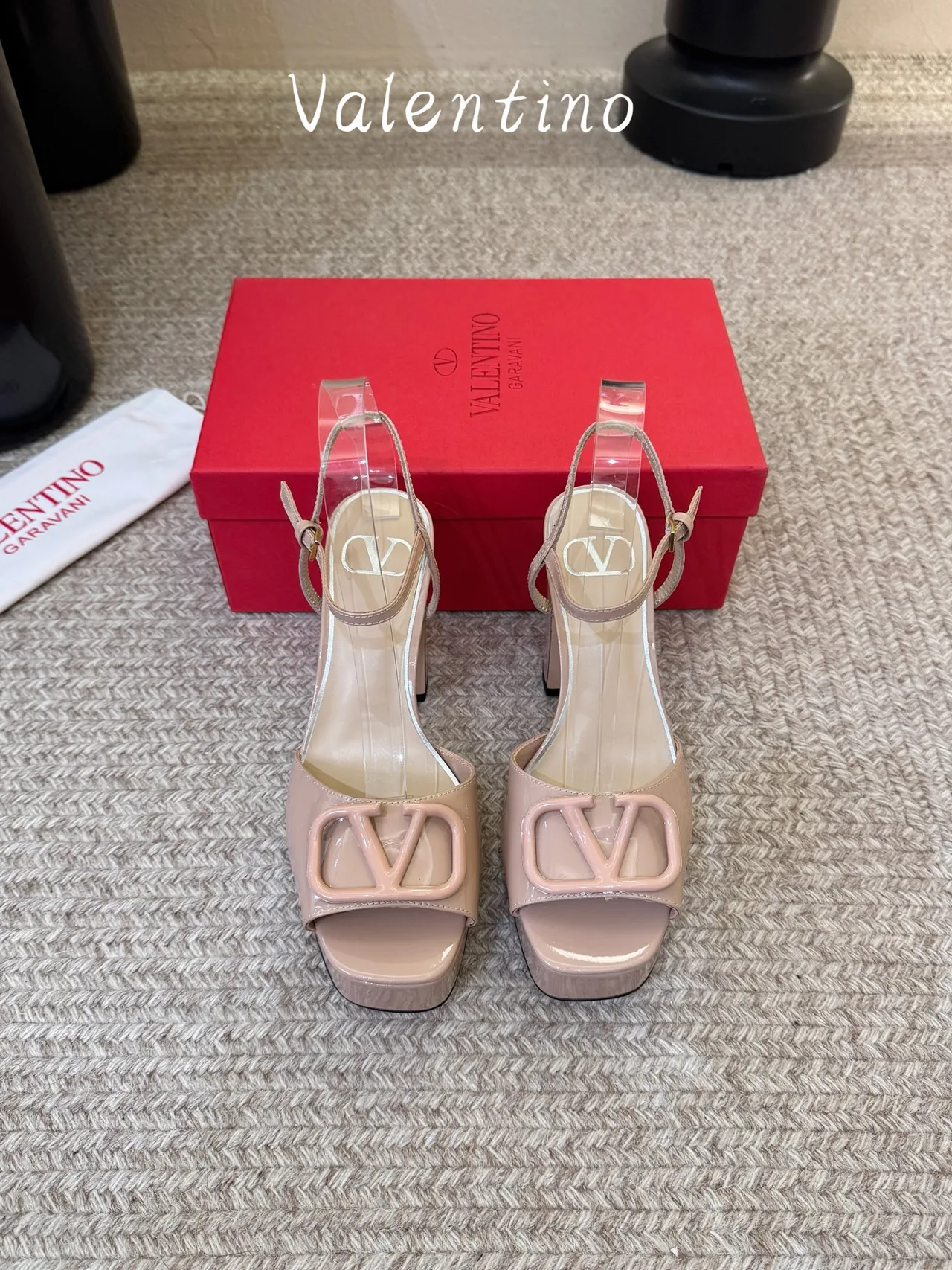 Valentino Patent Leather Square-Toe VLogo Platform Sandals in Pink · view 1