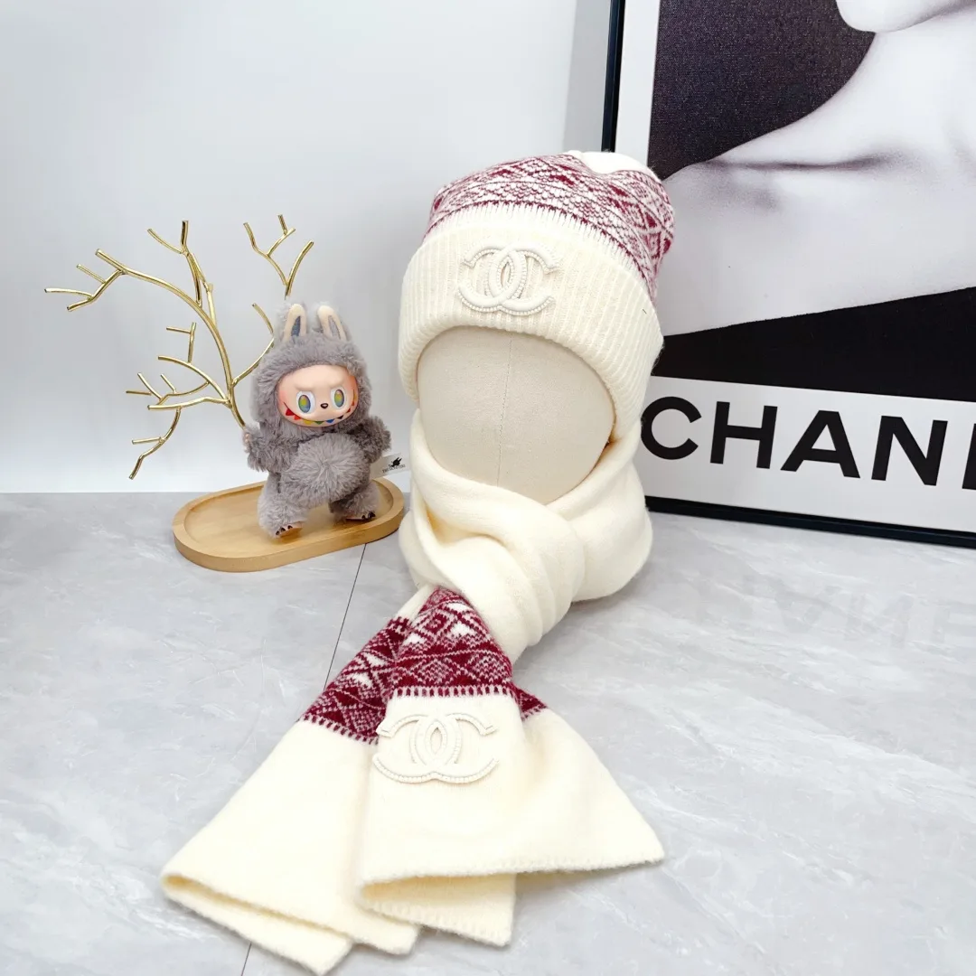 Chanel Wool Hat Scarf and Gloves Set in White · view 2