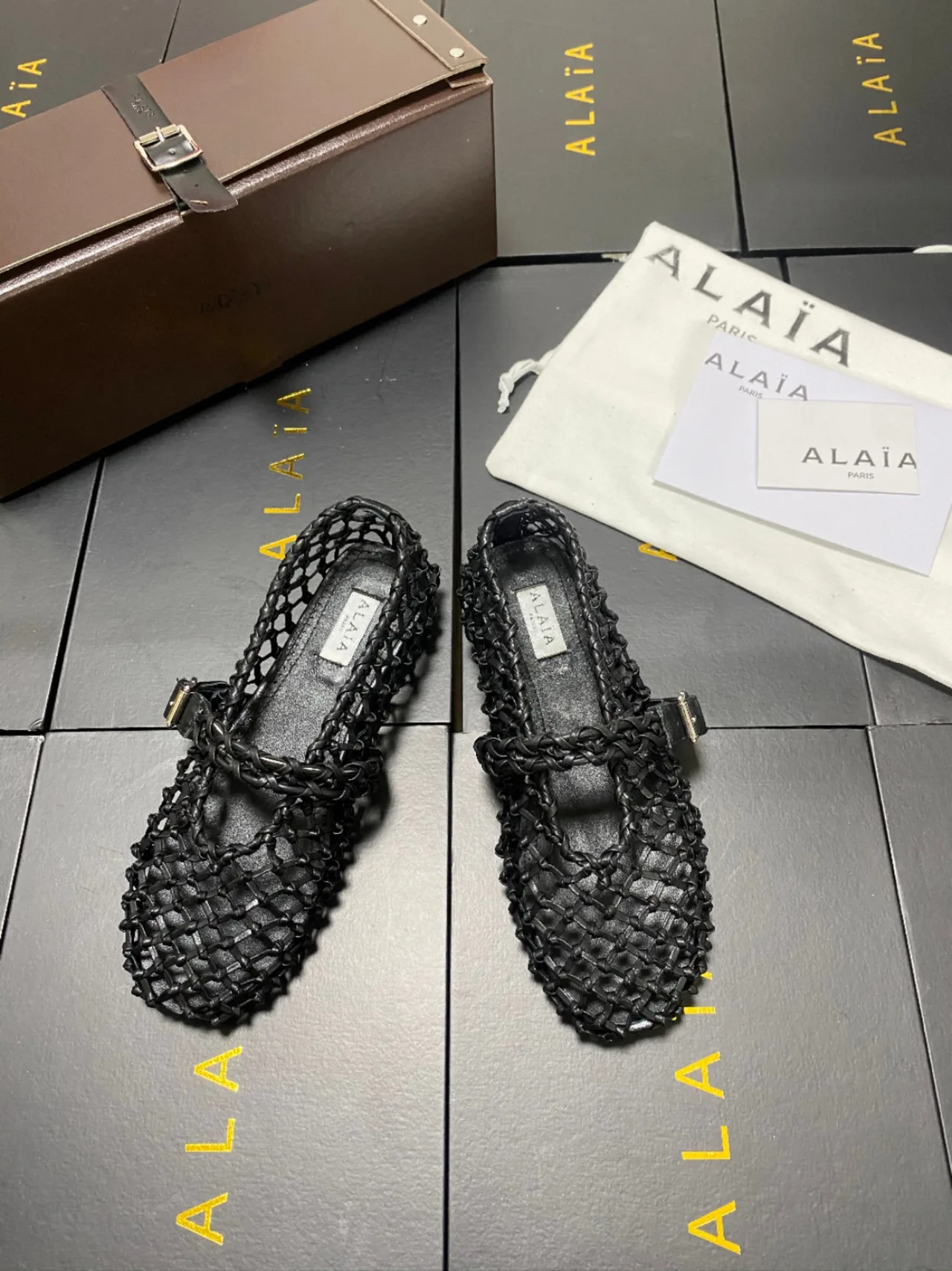 Alaia Cowhide Sheepskin Square-Toe Woven Mary Jane Flats in Black · view 2