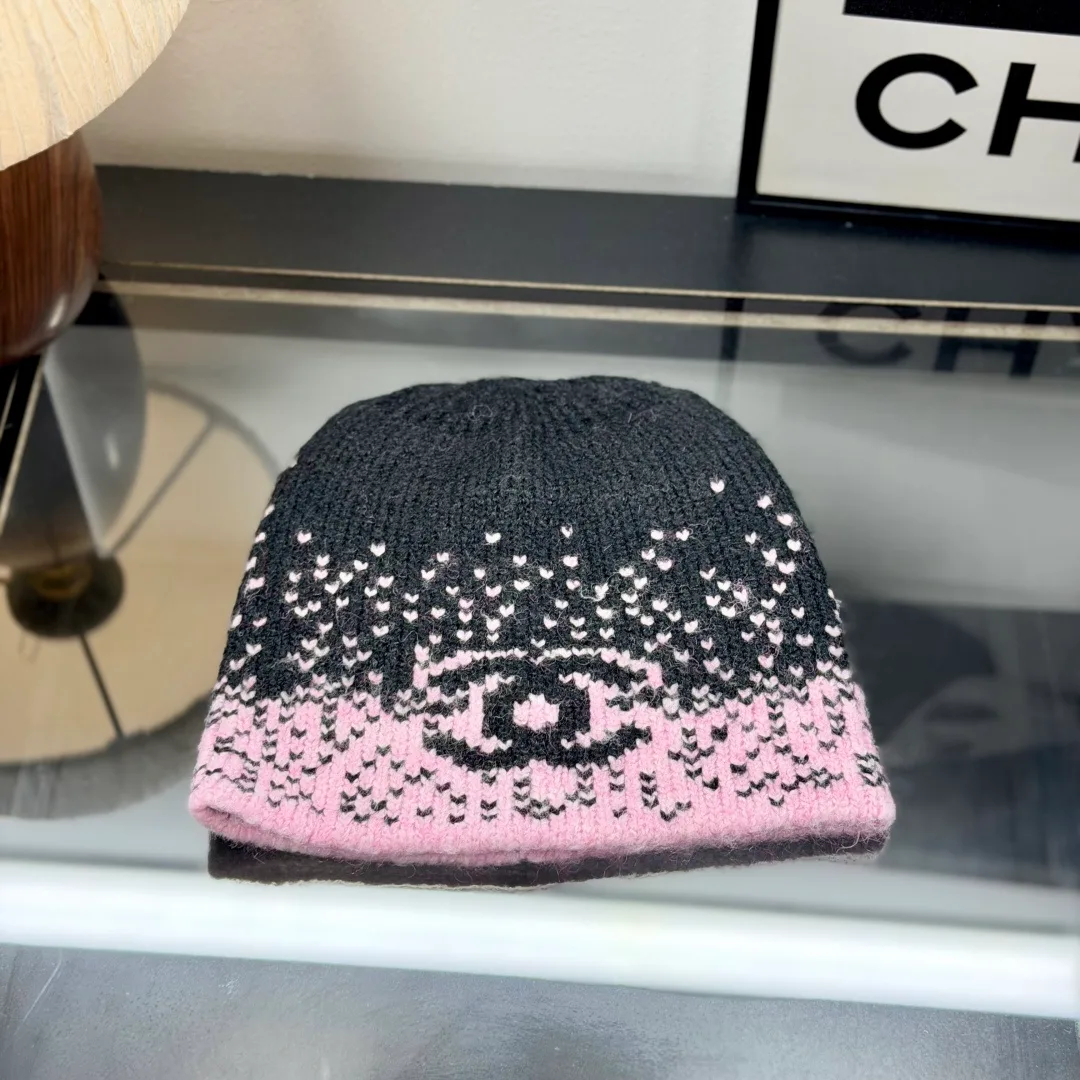Chanel CC Jacquard Beanie in Black & Grey & Beige & White · view 1