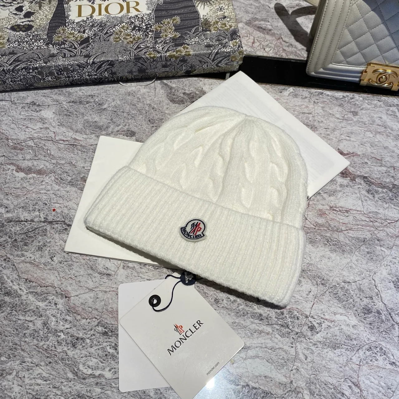 Moncler Cable-Knit Beanie in Burgundy & Cream & Tan & Blue & Grey & White & Black & Pink · view 6