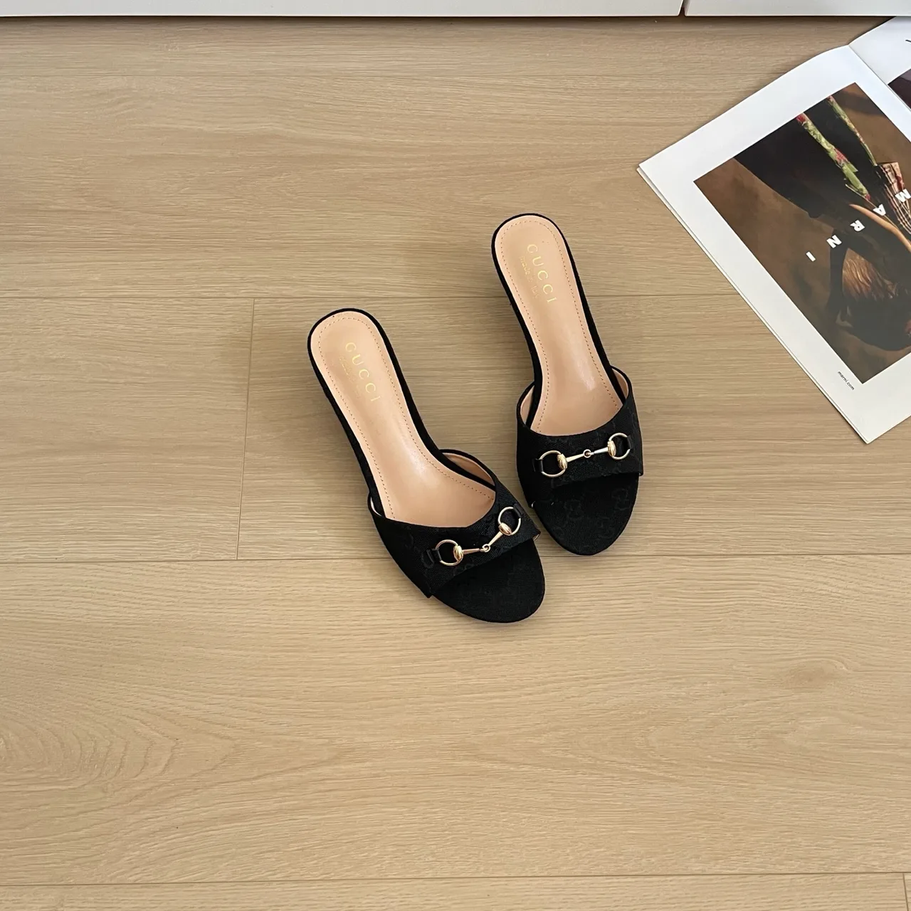 Gucci Canvas Glossy Suede-Look Square-Toe Buckle Mules in Black · view 4