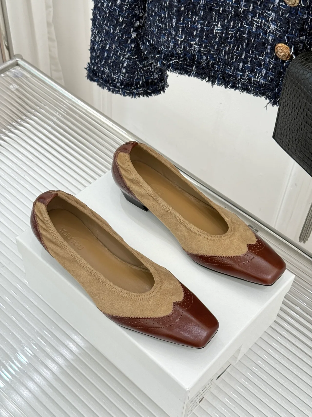 YOEYYOU Lambskin Denim Block-Heel Shoes in Beige · view 4