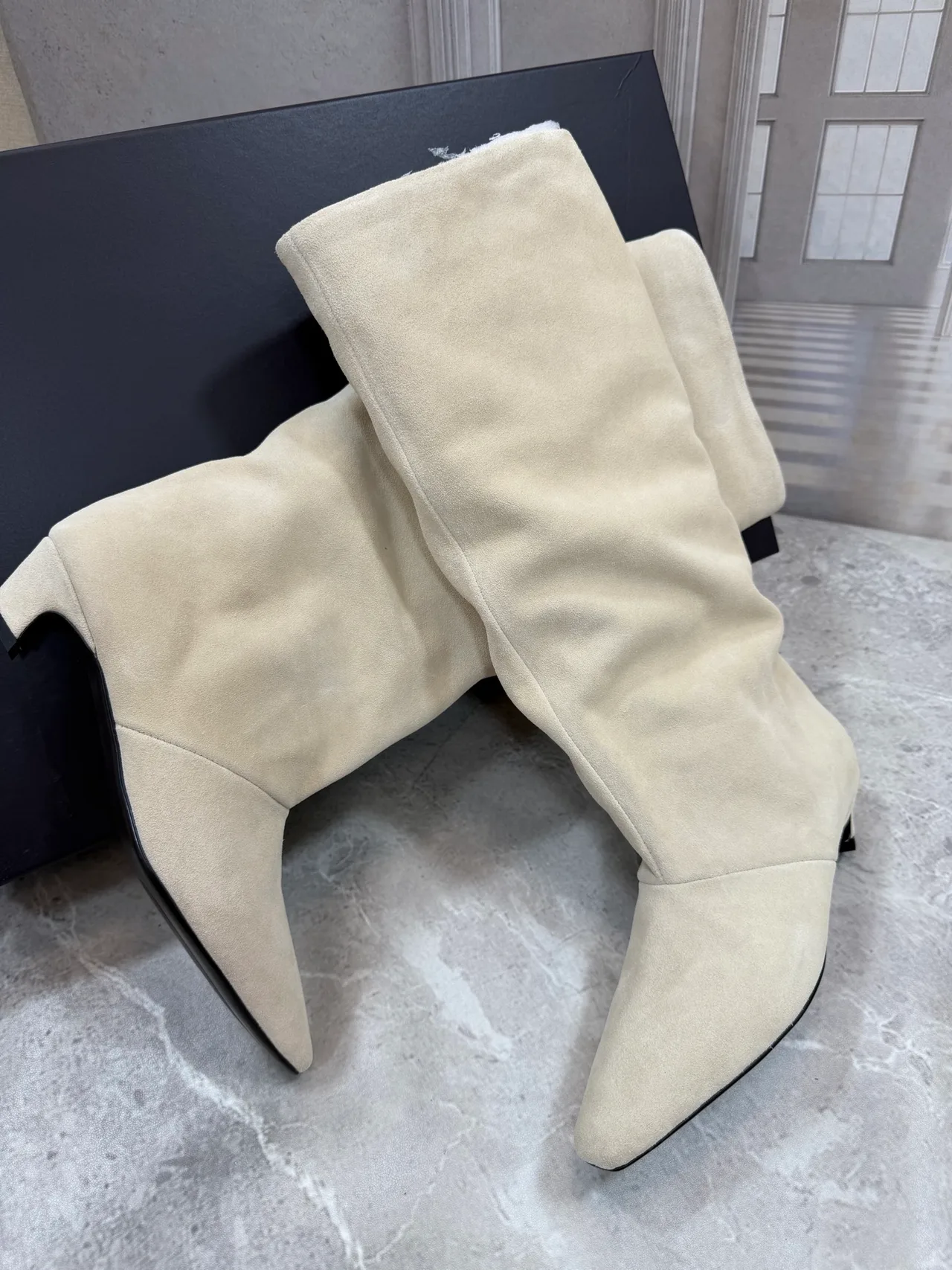 Smooth Round-Toe Knee-High Block-Heel Boots in White · view 4