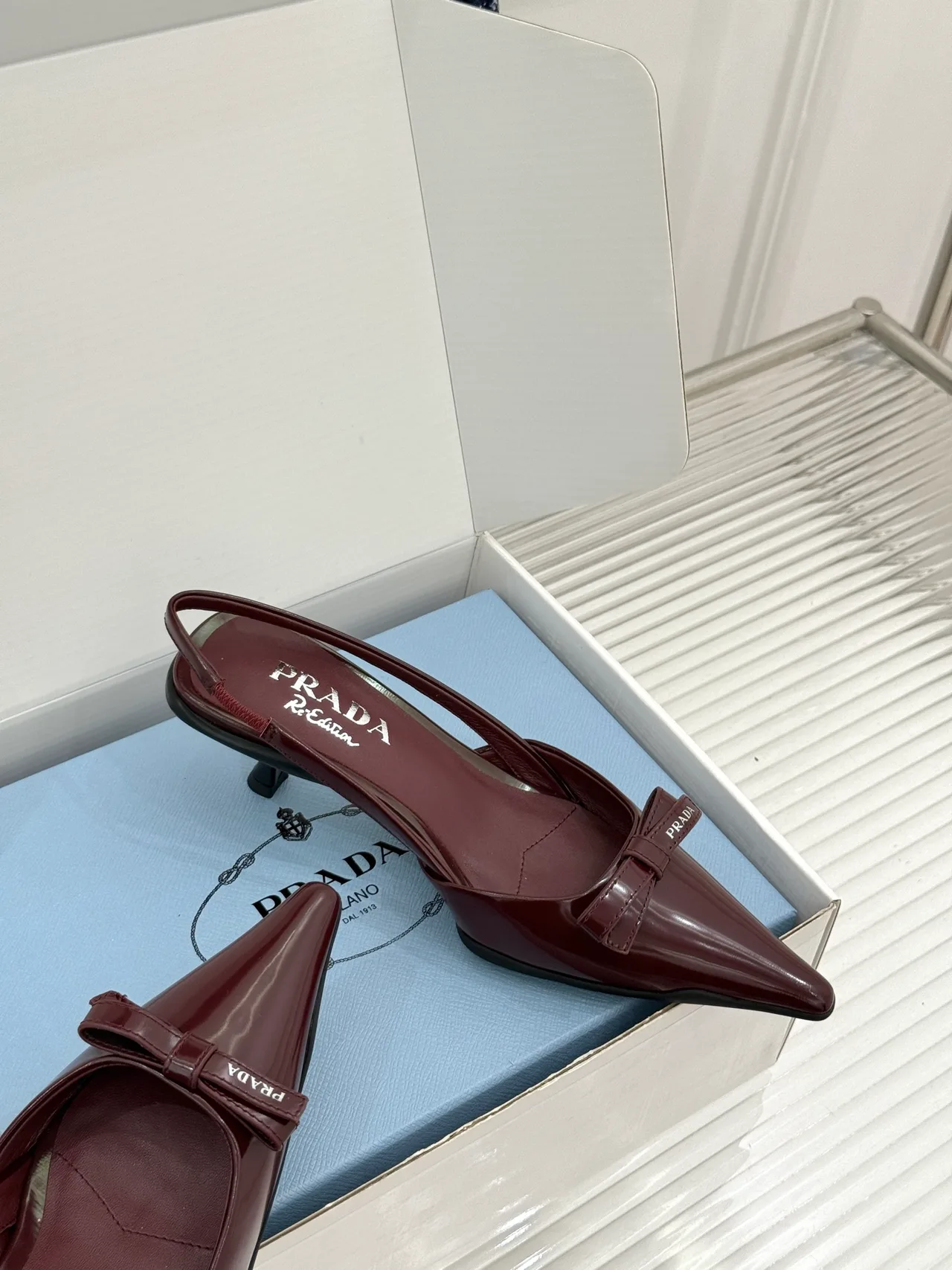 Prada Lambskin Pointed Slingback Pumps in Burgundy · view 5