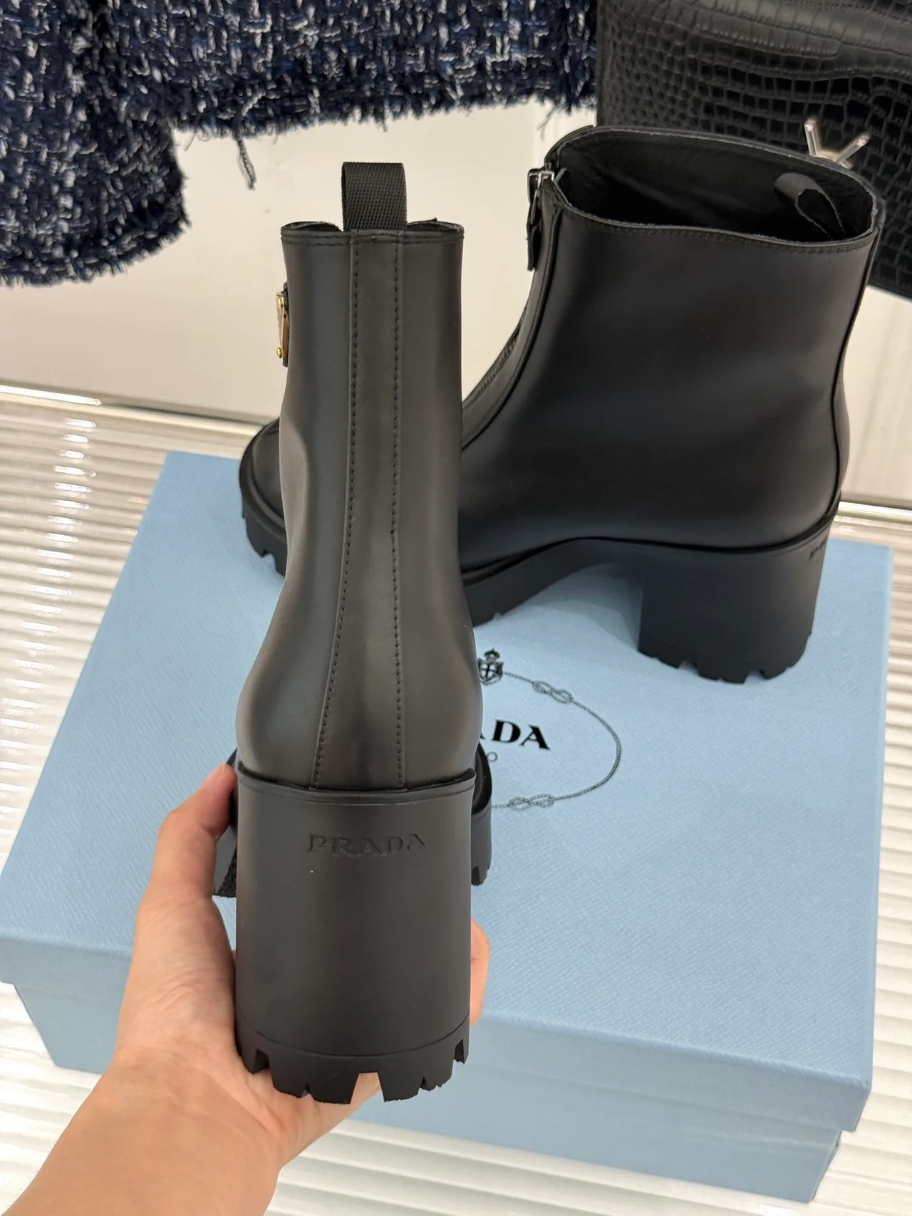 Prada Denim Glossy Front-zip ankle boots in Black · view 8