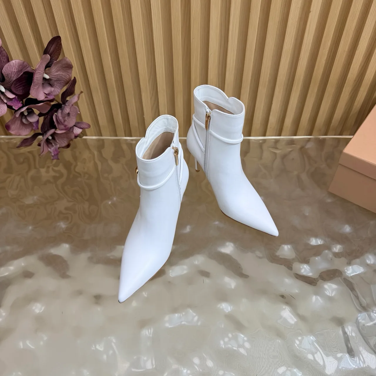 Bottega Veneta Glossy Pointed-Toe Buckle Ankle Boots in White · view 5