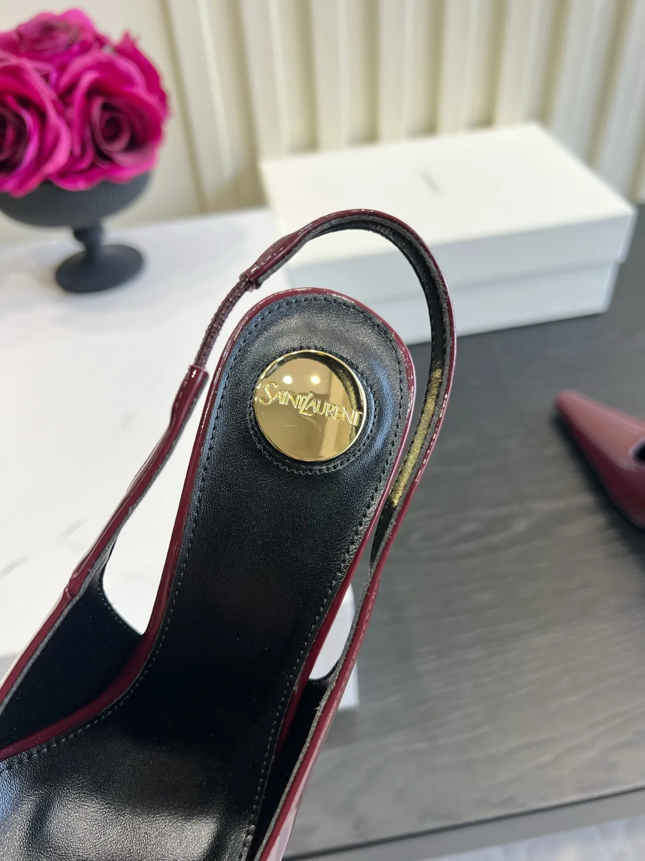 Saint Laurent Cowhide Silk Glossy Pointed-Toe Slingback Shoes in Burgundy · view 8