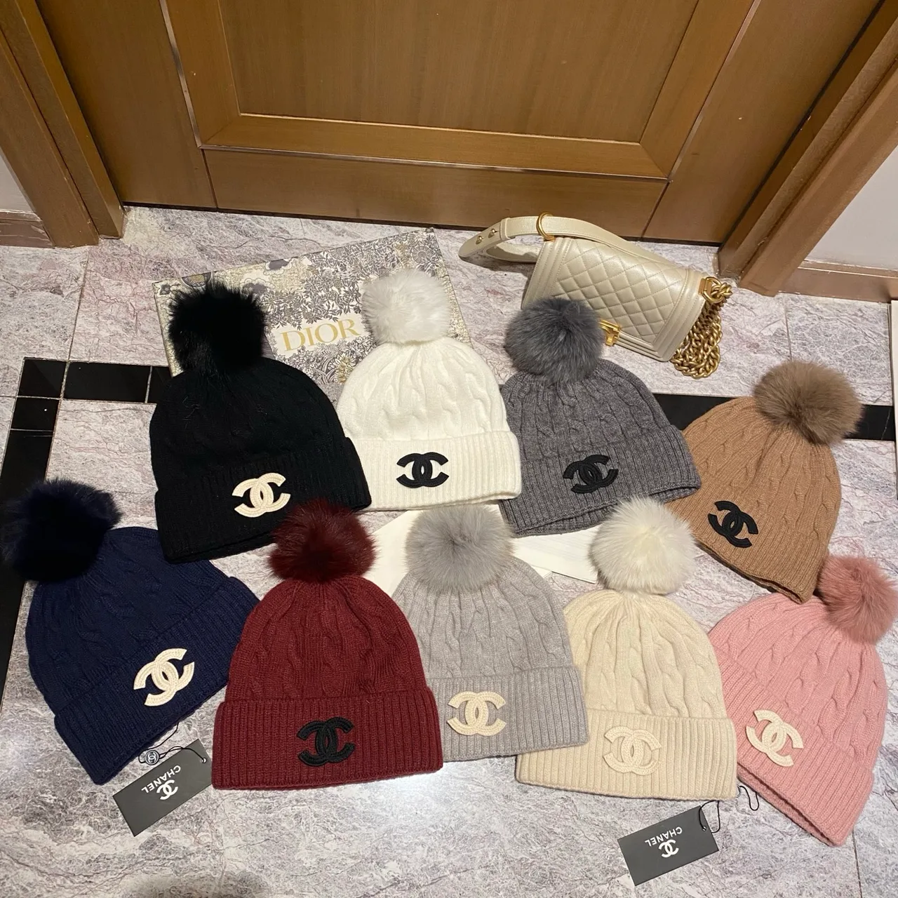 Chanel CC pom knit beanie in Blue & Burgundy & Black & White & Grey & Cream & Pink & Tan · view 8