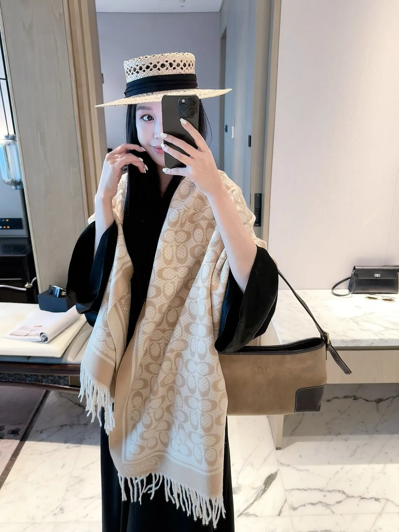 Coach C Jacquard Scarf in Beige & Brown · view 3