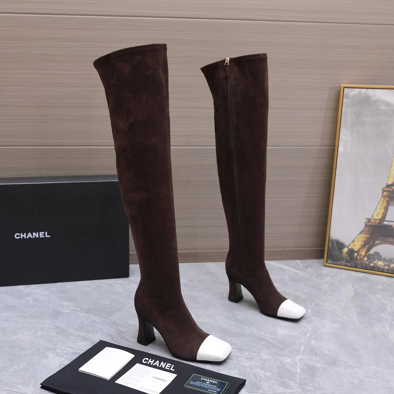 Chanel Cowhide Toe-Cap Knee Boots in Brown · view 5