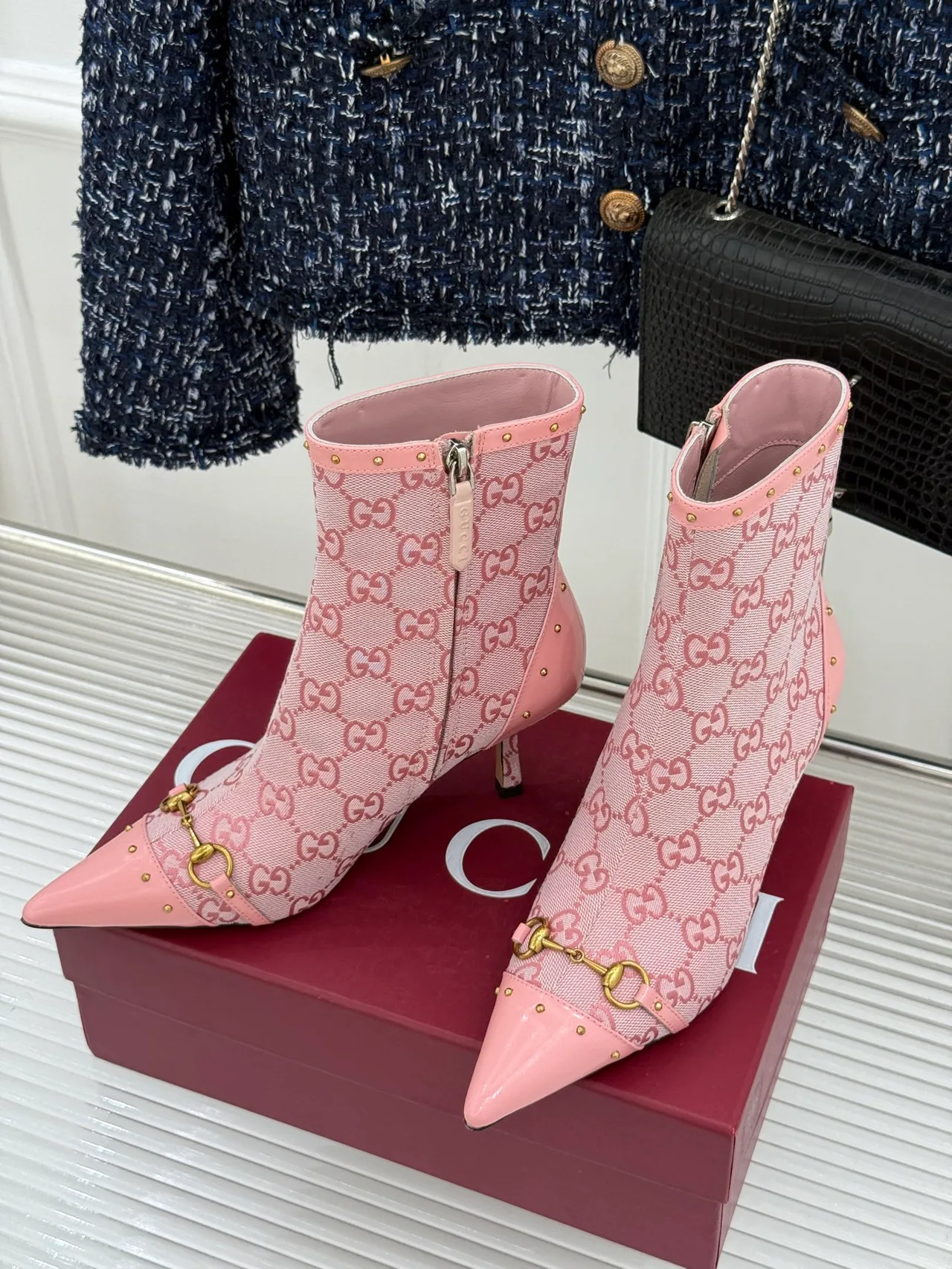 Gucci Sheepskin Canvas Ankle Boots in Pink · view 2