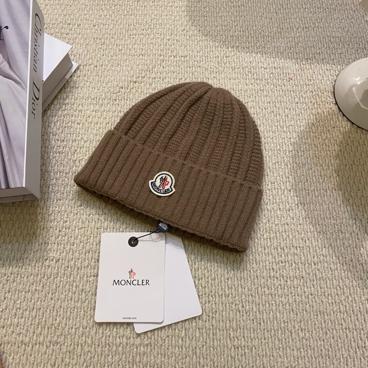 Moncler Ribbed Beanie in Black & White & Grey & Purple & Burgundy · view 3