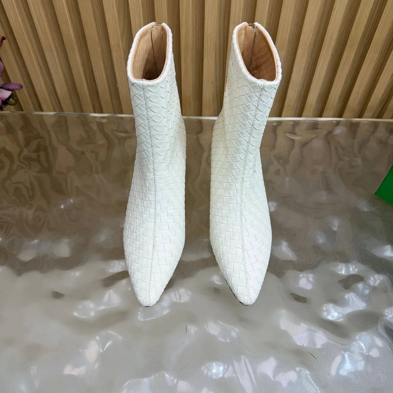 Bottega Veneta Pointed-Toe Woven Ankle Boots in White · view 5