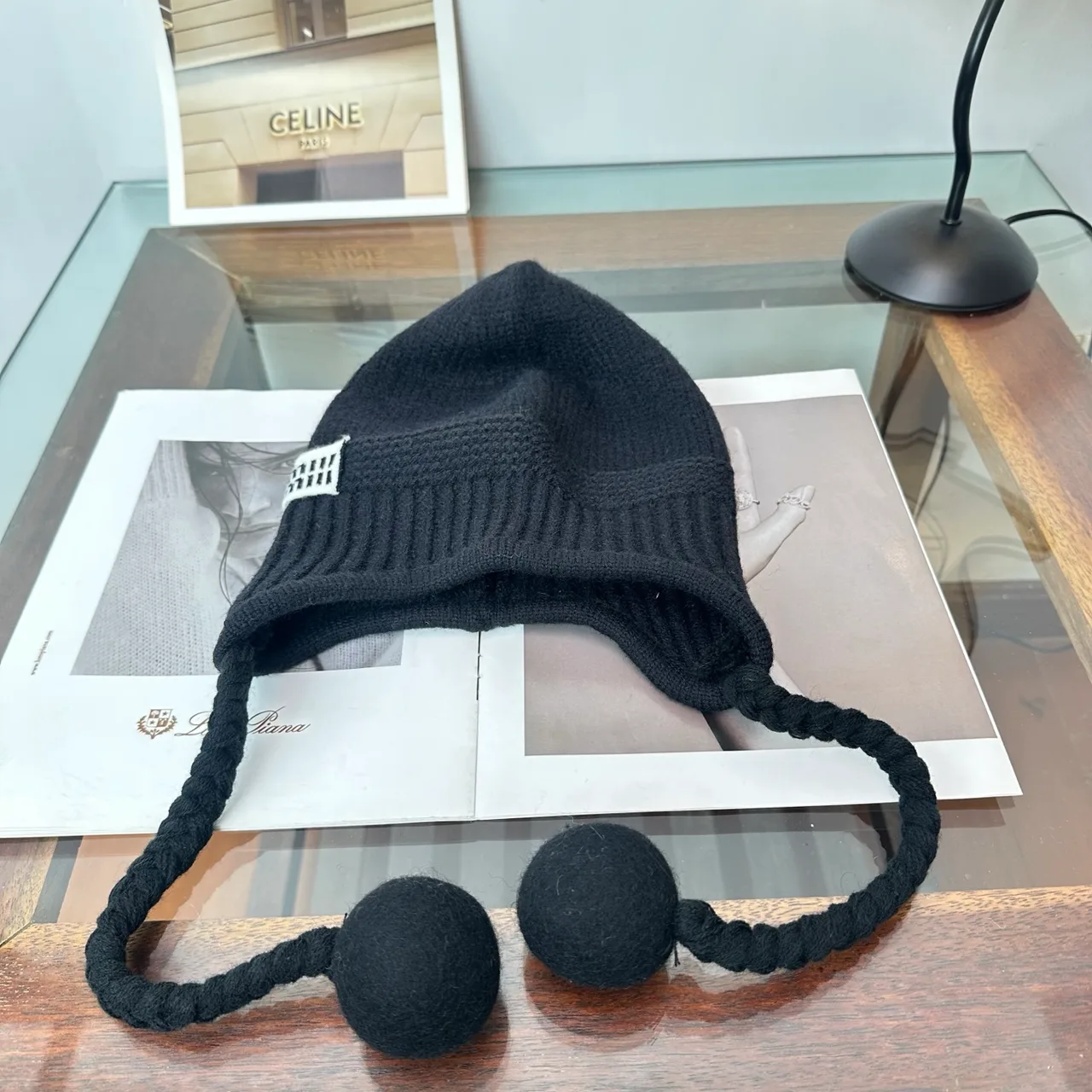 Miu Miu Ribbed Earflap Hat in Black · view 4