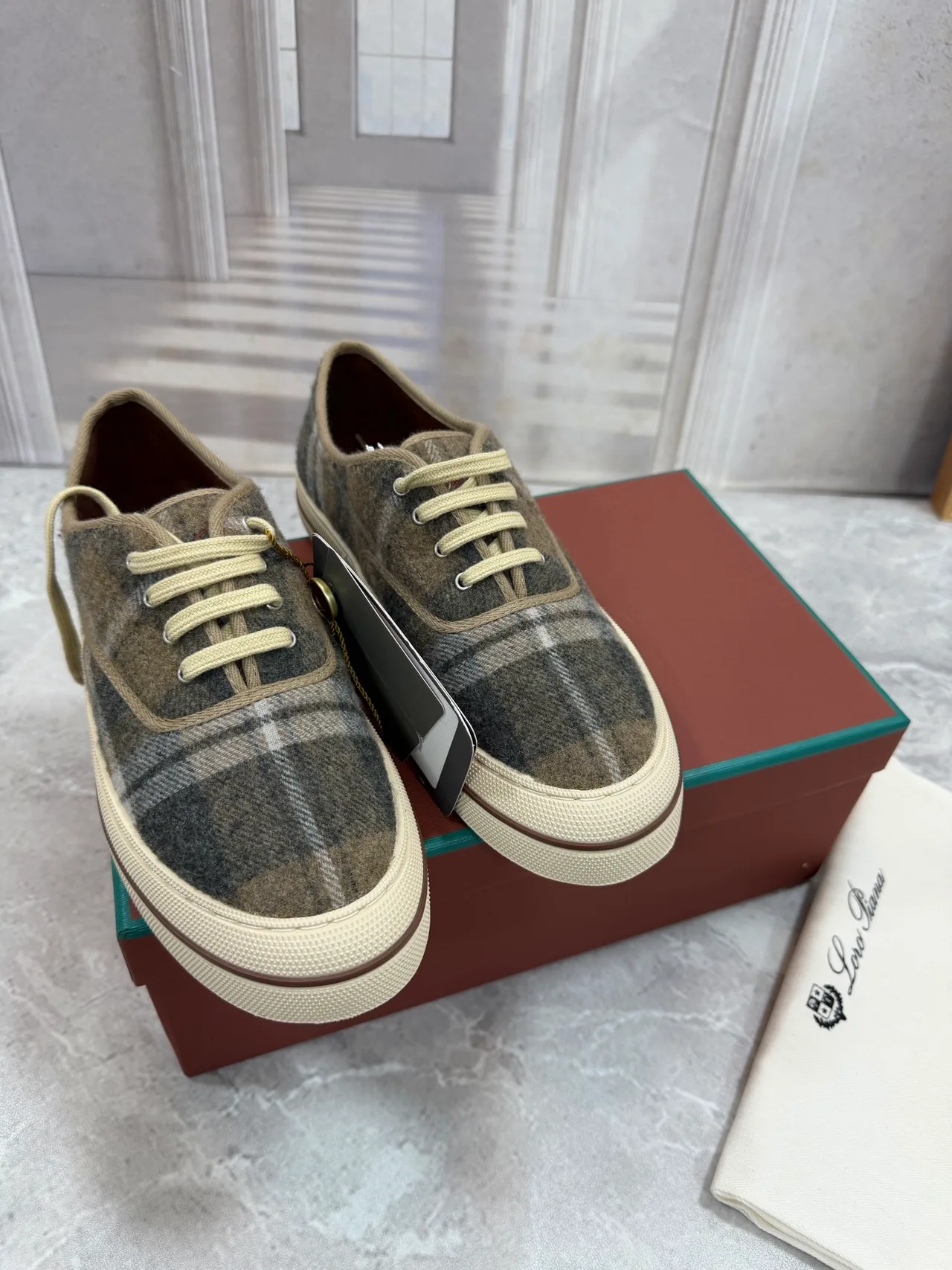 Loro Piana Check Wool-Effect Lace-Up Sneakers in Grey · view 1