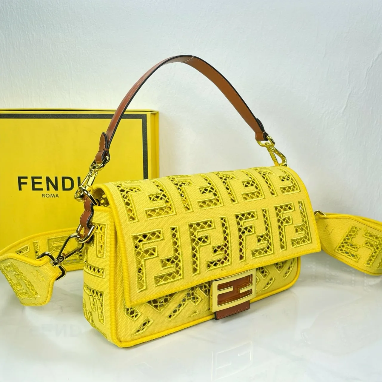 Fendi Canvas Cutout FF-Pattern Flap Shoulder Bag in Yellow · view 2