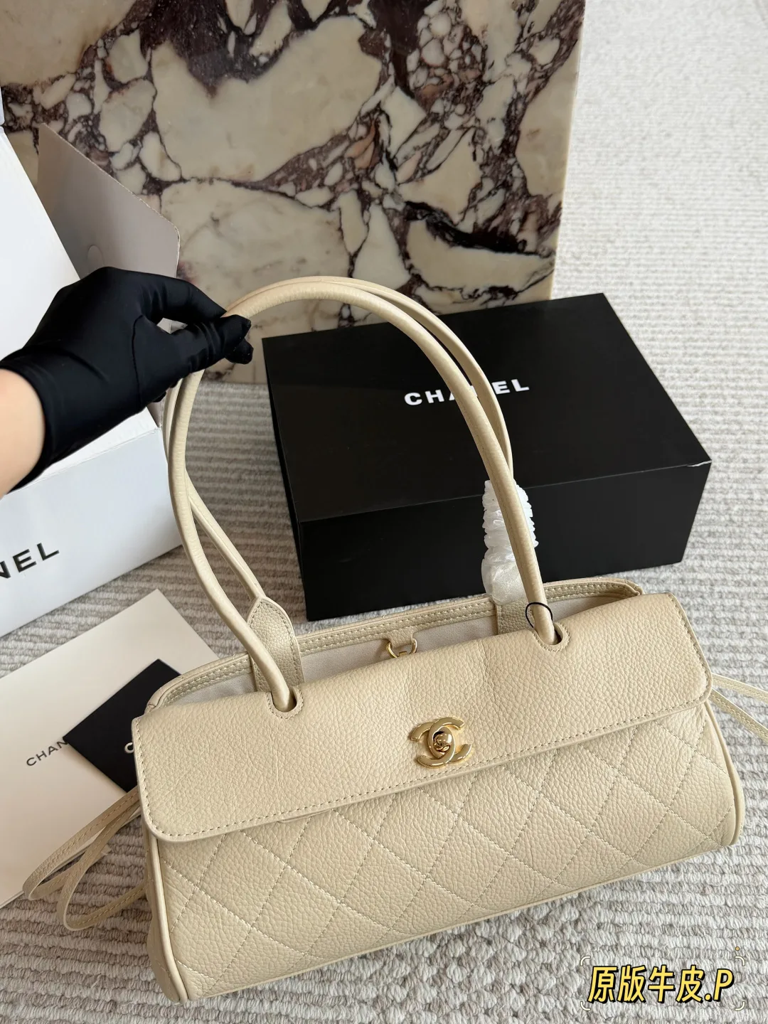 Chanel Quilted Baguette Tote in Cream · view 3