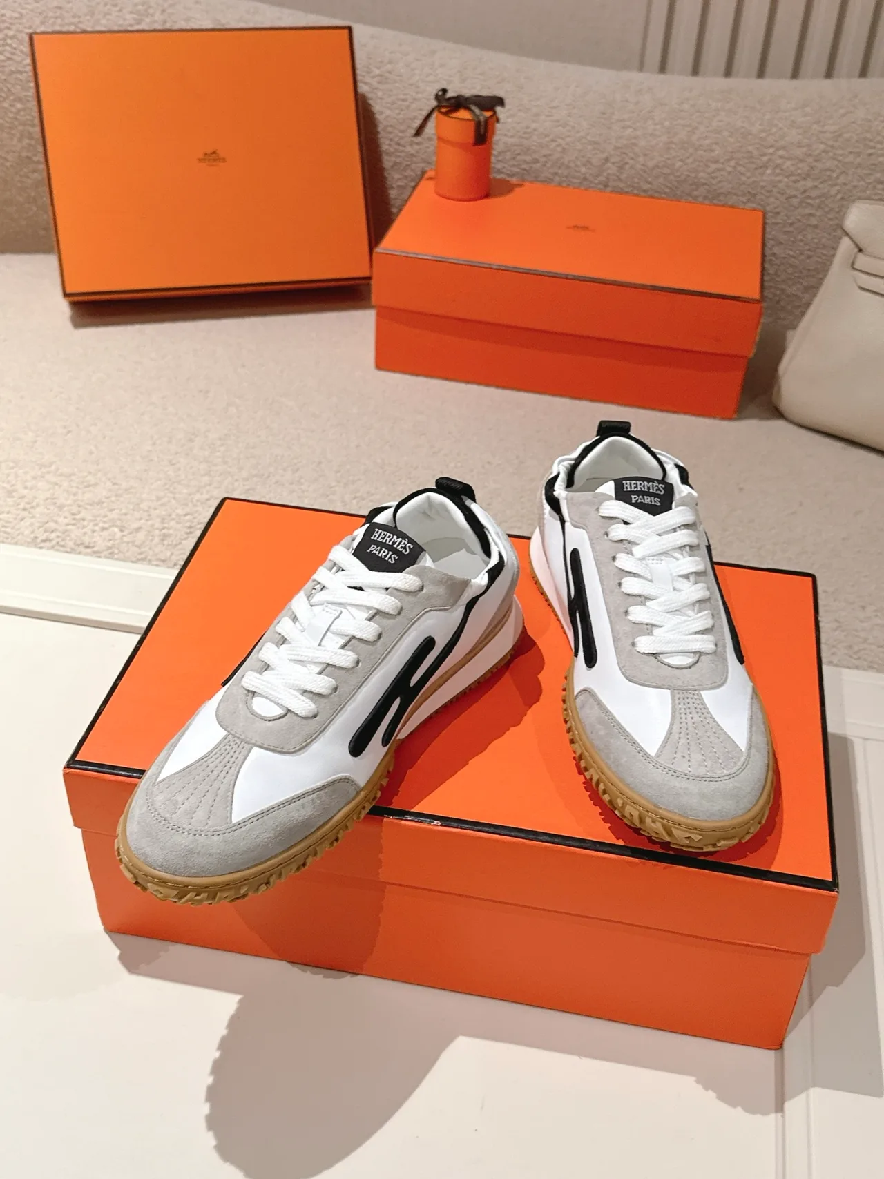 Hermes Sheepskin Suede Striped Round-Toe Sneakers in White · view 3